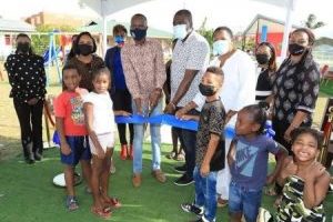 HM Beckles at the cutting of the ribbon to officially declare the Playpark open by Assemblyman, the Honourable Ancil Dennis of the THA.
